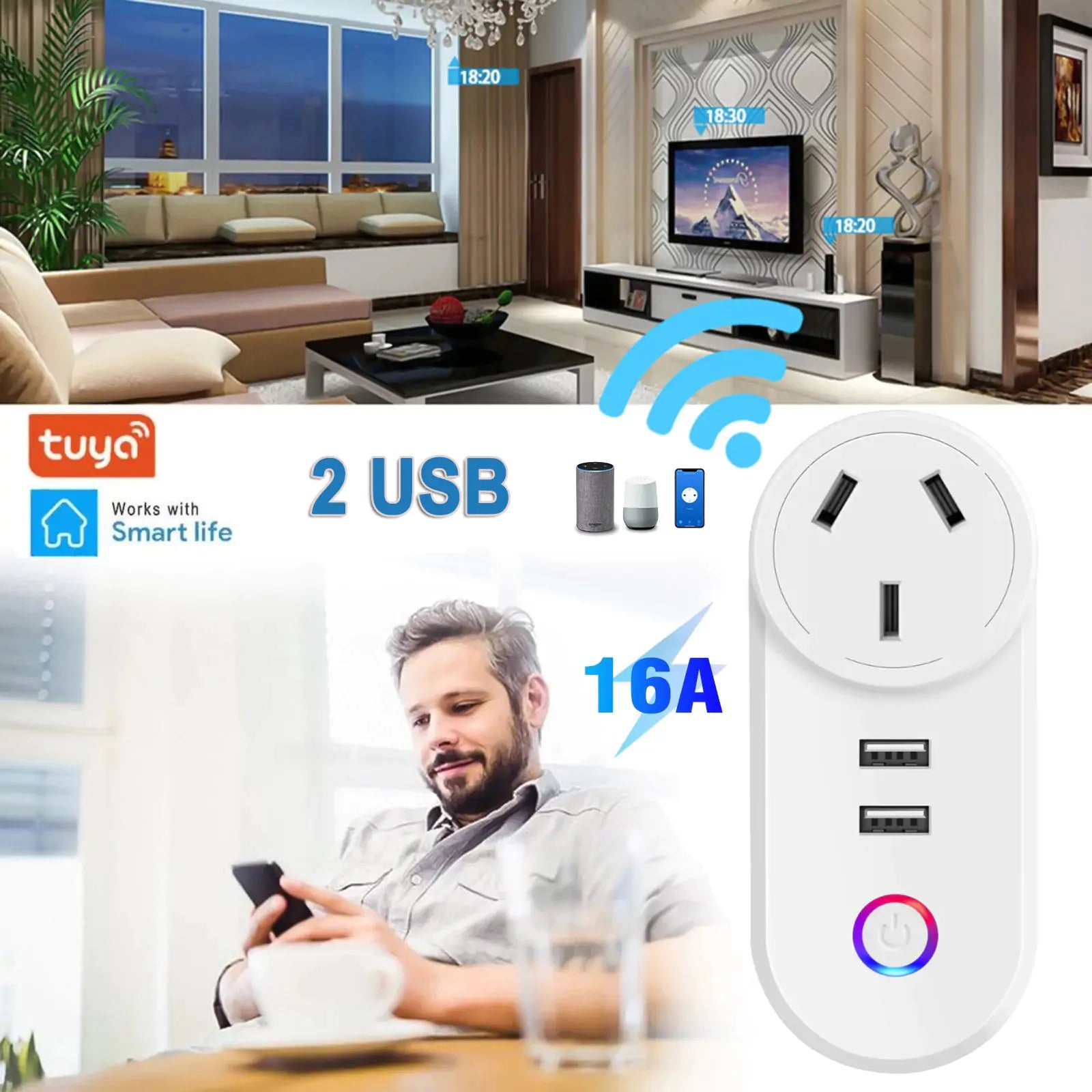 Smart Plug 2 USB port Smart Socket WiFi Smart Outlet App Control Timing Function Voice Control Fast Charge Compatible with Alexa Google Home AU Plug