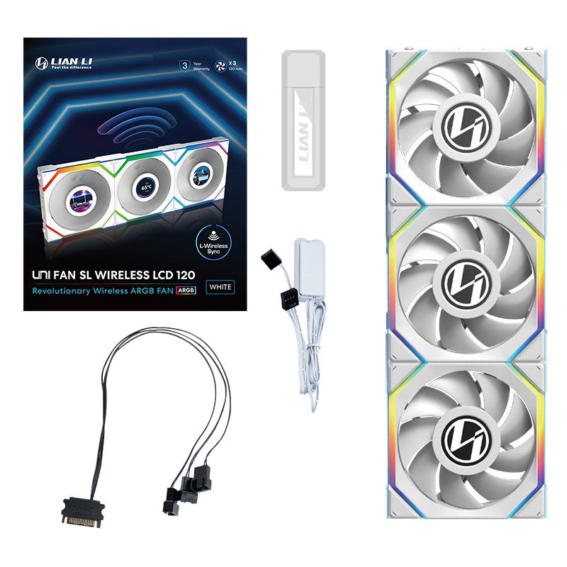 Lian Li Uni Fan 120mm SL Wireless ARGB 4-Pin PWM White Fan with 1.6in LCD Display and Controller - 3 Pack