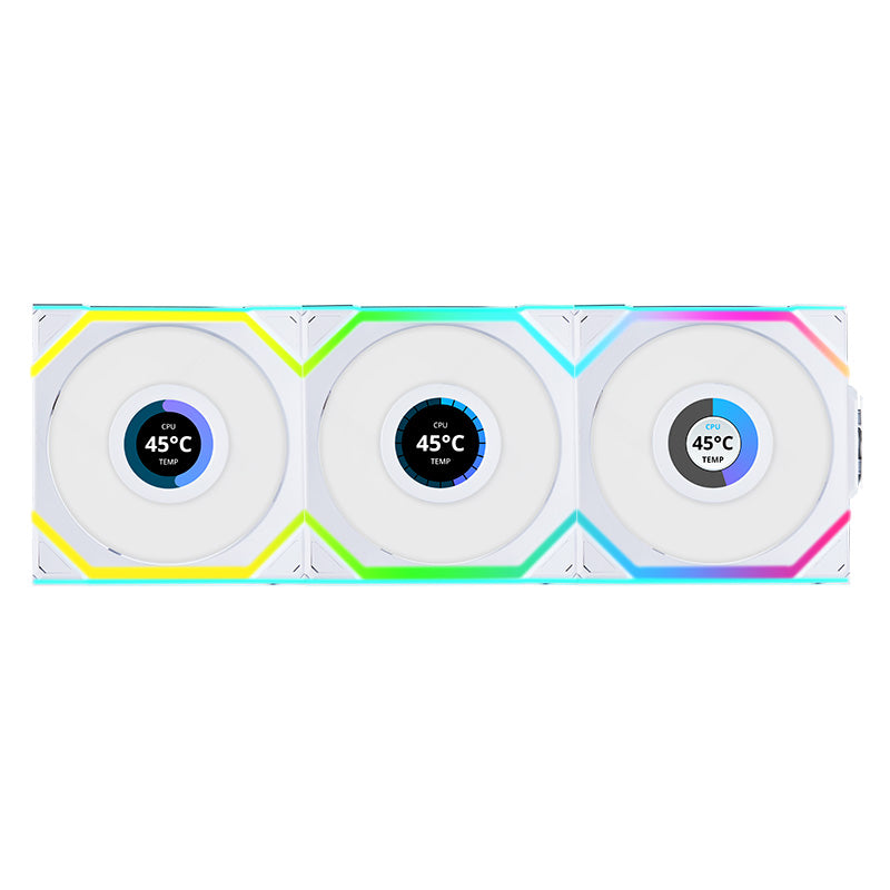 Lian Li Uni Fan 120mm SL Wireless ARGB 4-Pin PWM White Fan with 1.6in LCD Display and Controller - 3 Pack