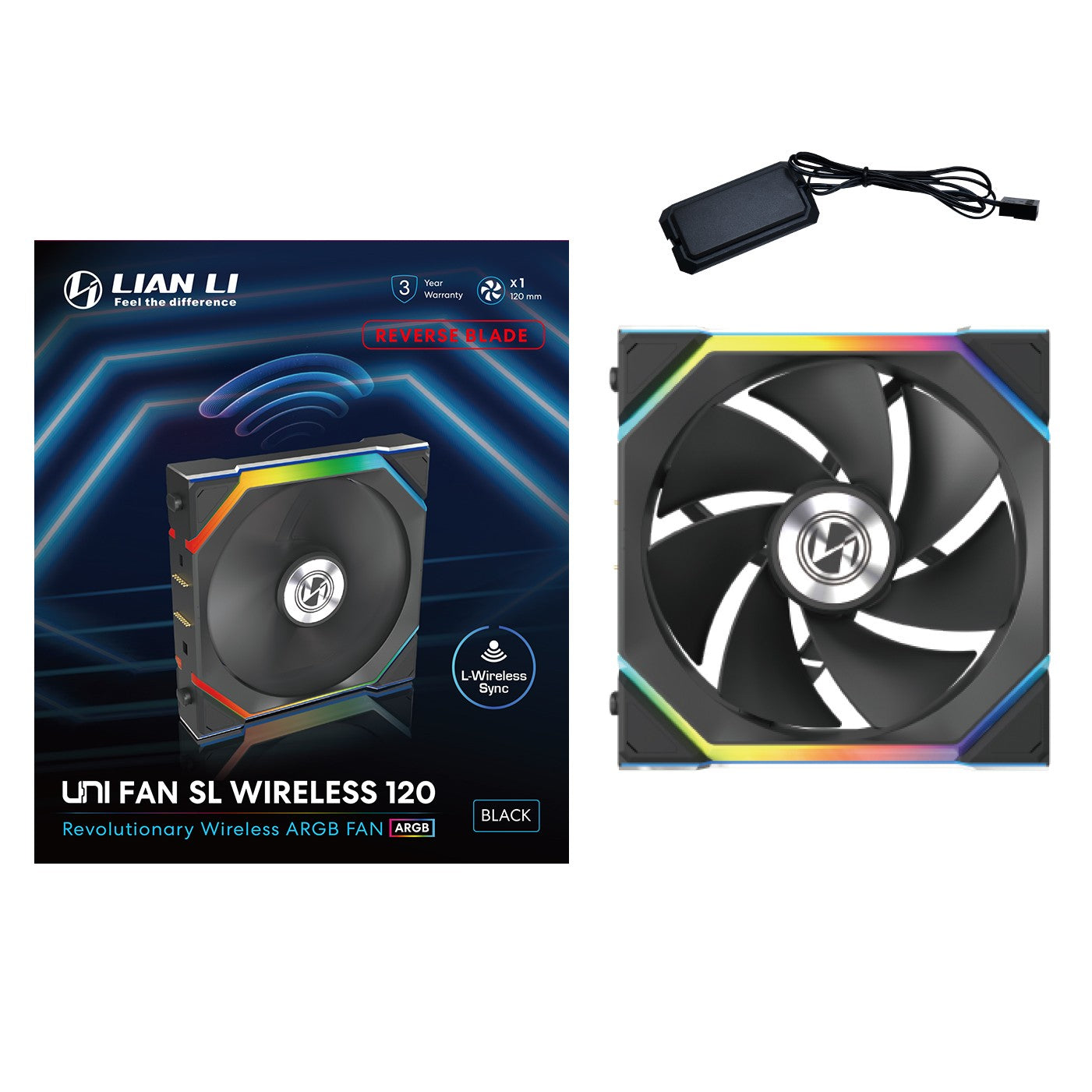 Lian Li Uni Fan 120mm SL Wireless Reverse Blade ARGB 4-Pin PWM Black Fan