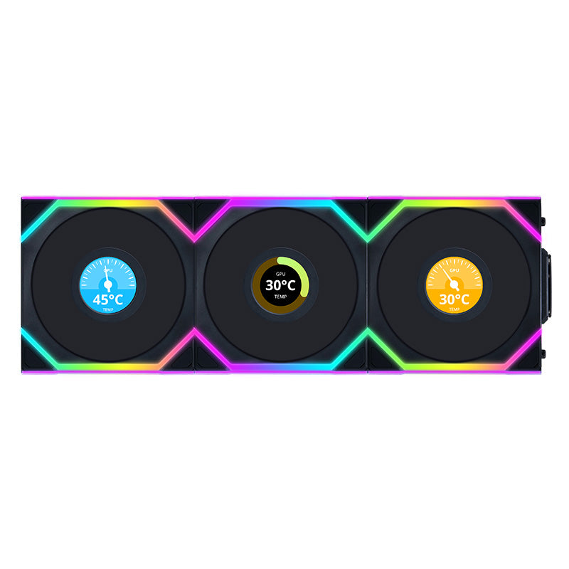 Lian Li Uni Fan 120mm SL Wireless Reverse Blade ARGB 4-Pin PWM Black Fan with 1.6in LCD Display with Controller - 3 Pack