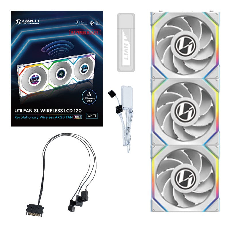 Lian Li Uni Fan 120mm SL Wireless Reverse Blade ARGB 4-Pin PWM White Fan with 1.6in LCD Display with Controller - 3 Pack