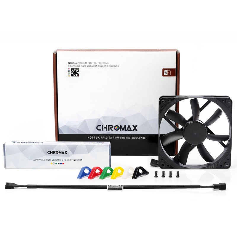 Noctua 120mm 1200RPM PWM Fan with 6 Colour Swappable Anti-Vibration Pads + Chromax Black Swap