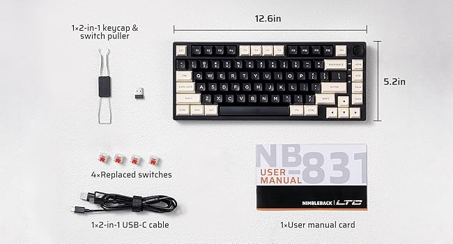 LTC Nimbleback NB831 Wireless 75% 3 Mode BT5.0/2.4Ghz/USB-C Wired 81 Keys RGB PBT Keycaps Hot Swappable Mechanical Keyboard, Cookie Black