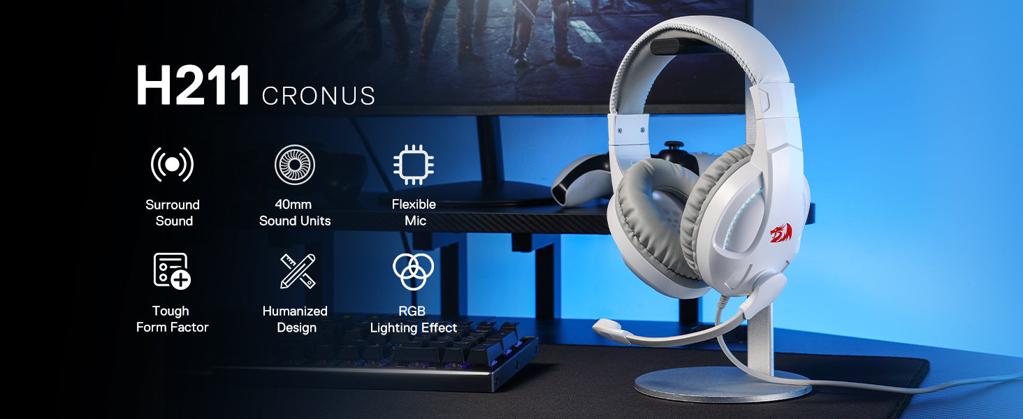 Redragon H211 Cronus White Wired Gaming Headset, Stereo Surround Sound, 40 mm Drivers, Over-Ear Headphones Works for PC/PS5/XBOX/NS