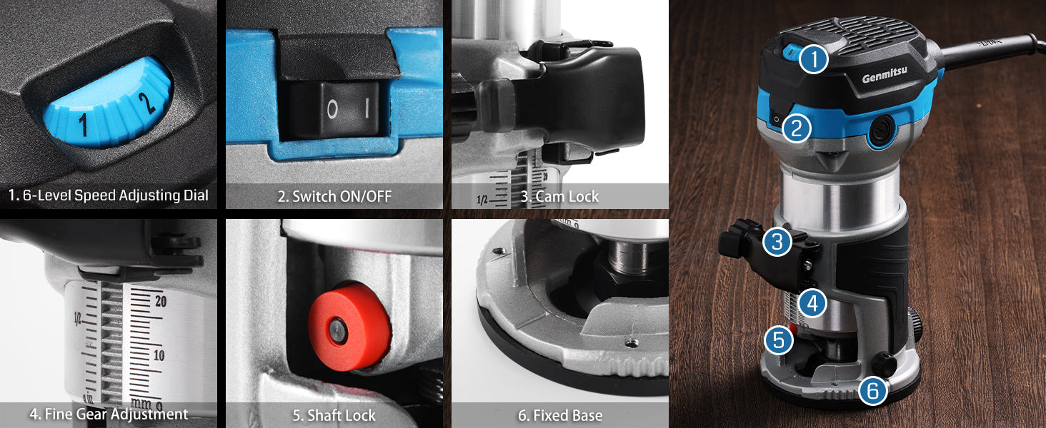 Genmitsu 1.25 HP 65mm Diameter Palm Trimmer Router, Compact Router Wood Tool With Fixed Base, 6 Variable Speeds 10000-30000 R/MIN, with 1/4“ Collet