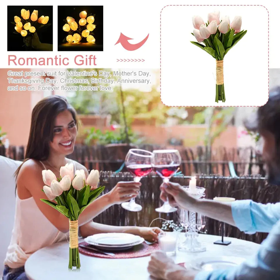 Artificial Flower Faux Tulip with LED Light 12 pcs Real Touch PU Flower Fake Bouquet for Wedding Party Home Office Decor Birthday etc Festival's Gift