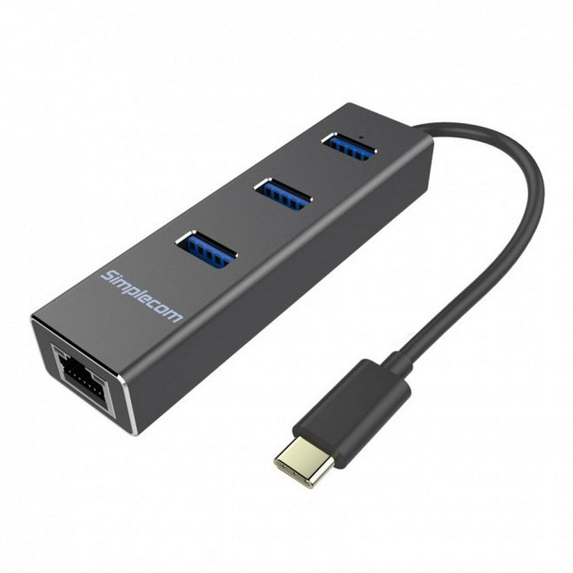 Simplecom Aluminium USB Type C to 3 Port USB 3.0 Hub with Gigabit Ethernet Adapter Black