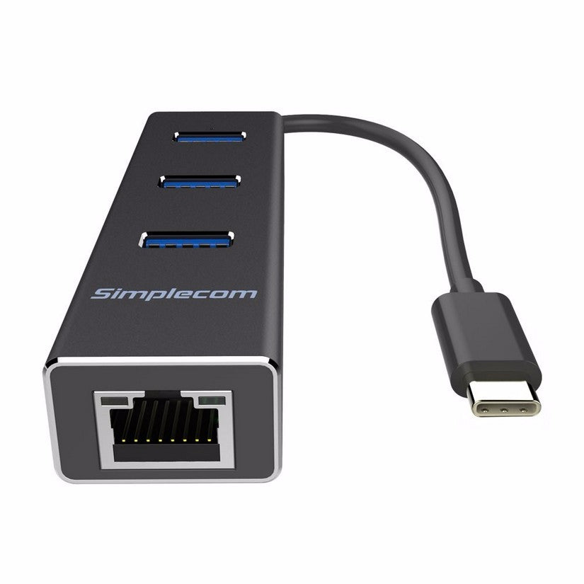 Simplecom Aluminium USB Type C to 3 Port USB 3.0 Hub with Gigabit Ethernet Adapter Black