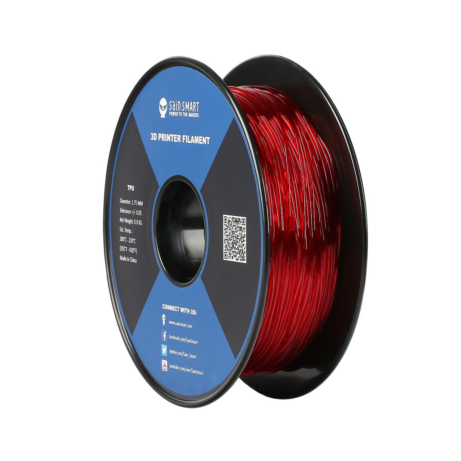 SainSmart - 101-90-163 Red Flexible TPU 3D Printing Filament, 1.75 mm, 0.8 kg, Dimensional Accuracy +/- 0.05 mm