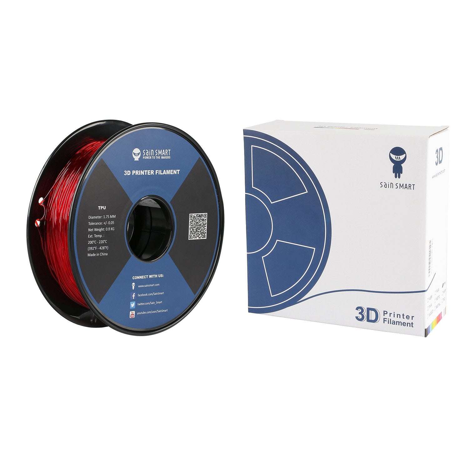 SainSmart - 101-90-163 Red Flexible TPU 3D Printing Filament, 1.75 mm, 0.8 kg, Dimensional Accuracy +/- 0.05 mm