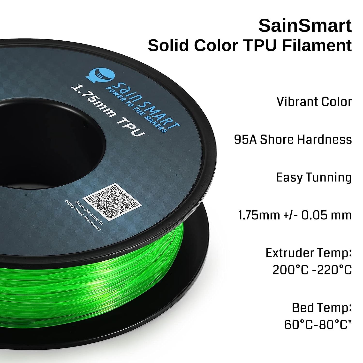 SainSmart Green Flexible TPU 3D Printing Filament, 1.75 mm, 0.8 kg, Dimensional Accuracy +/- 0.05 mm
