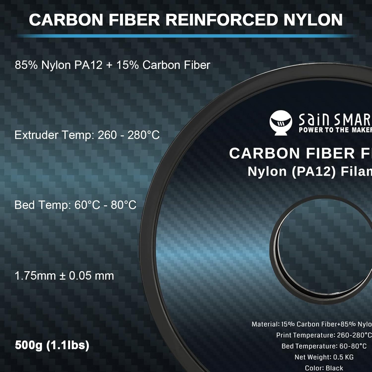 SainSmart ePA12-CF Carbon Fiber Nylon Filament 1.75mm, 0.5kg , Dimensional Accuracy +/- 0.05 mm, Black