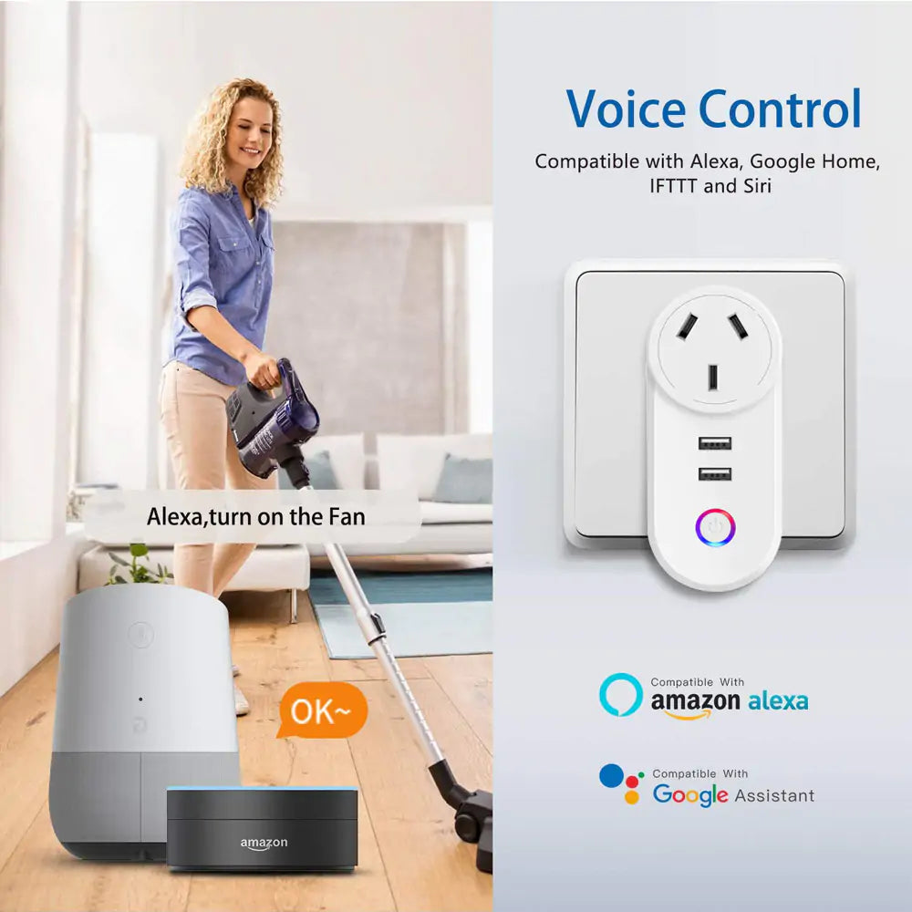 Smart Plug 2 USB port Smart Socket WiFi Smart Outlet App Control Timing Function Voice Control Fast Charge Compatible with Alexa Google Home AU Plug