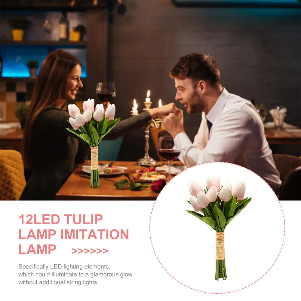 Artificial Flower Faux Tulip with LED Light 12 pcs Real Touch PU Flower Fake Bouquet for Wedding Party Home Office Decor Birthday etc Festival's Gift