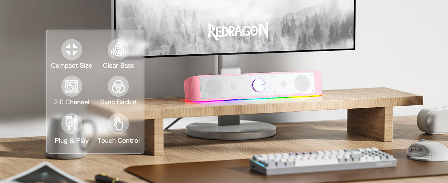 Redragon GS560 Adiemus RGB Desktop Soundbar, 2.0 Channel Computer Speaker with Dynamic Lighting Bar Audio-Light Sync/Display, Pink