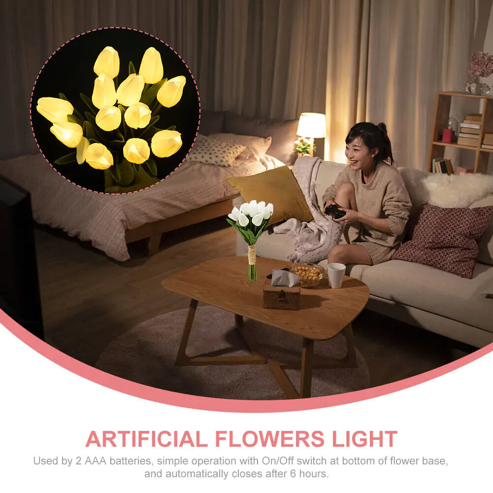 Artificial Flower Faux Tulip with LED Light 12 pcs Real Touch PU Flower Fake Bouquet for Wedding Party Home Office Decor Birthday etc Festival's Gift