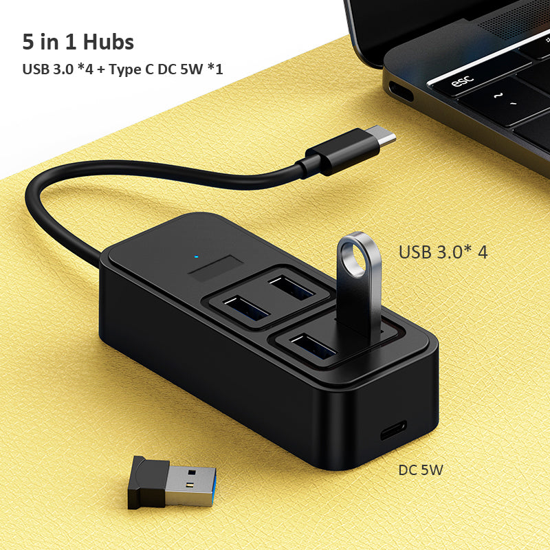 5-Port USB C Hub, Compact Size Type C Adapter with 4 USB 3.0 Ports & 1 Type C DC 5W Power Delivery Hub for Macbook, Notebook and More Type C Devices