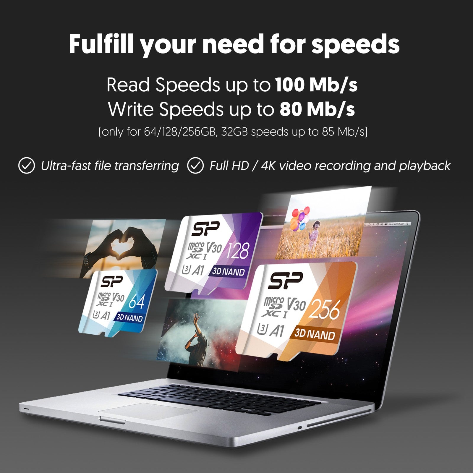 Silicon Power Superior PRO 4K/HD 256GB Micro SDXC Card 100MB/s Read & 80MB/s Write U3, C10, A1, V30 with Adapter