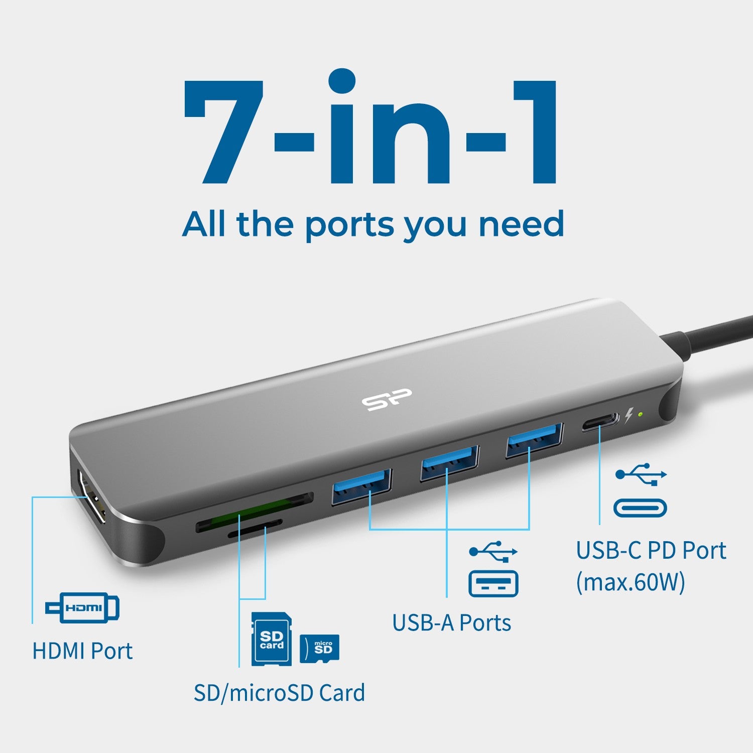 Silicon Power 7-in-1 USB C Hub with HDMI, USB 3.2 Gen 1, micro SD & SD Card Reader for Macbook/iPad Pro/ Laptop