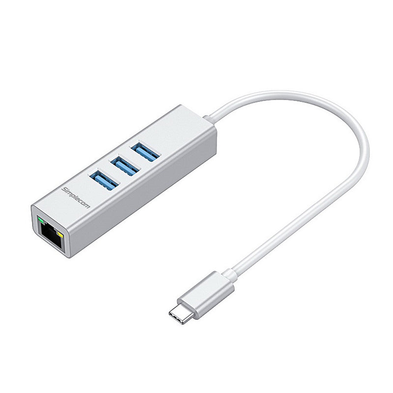 Simplecom Aluminum USB-C to 3 Port USB HUB with Gigabit Ethernet Adapter - Silver