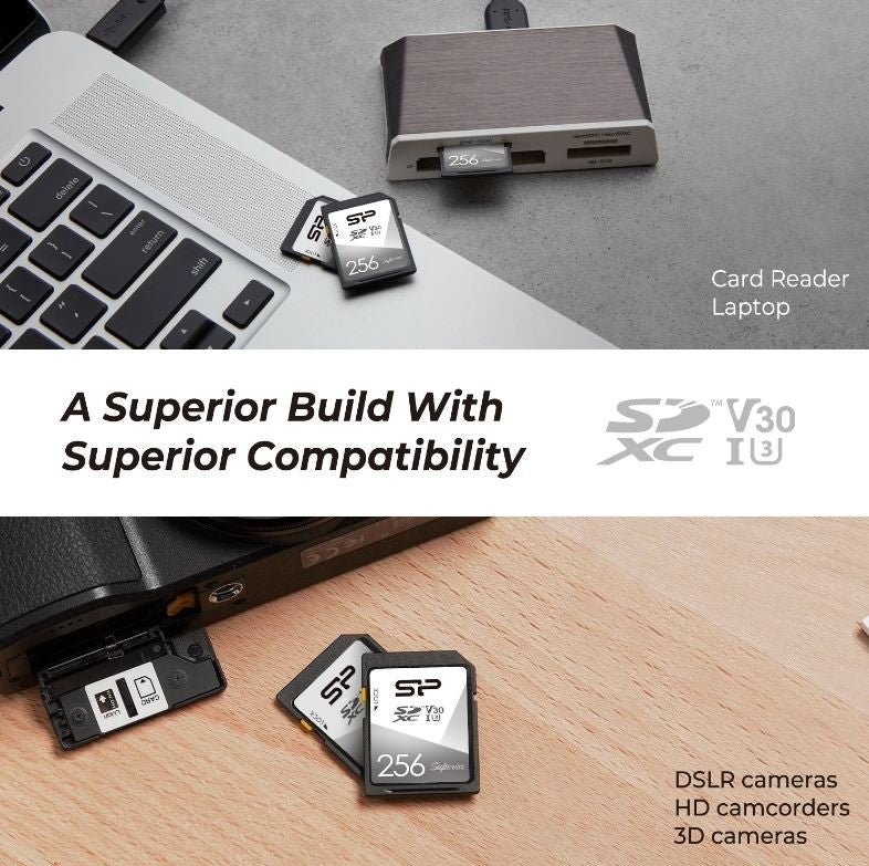 Silicon Power 256GB Superior 4K 100MB/S UHS-I U3 SDXC For DSLR,CAMERA,CAMCORDER,3D