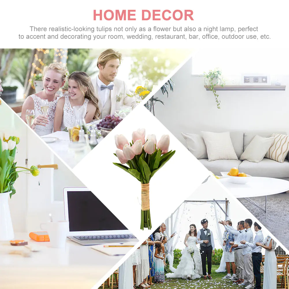 Artificial Flower Faux Tulip with LED Light 12 pcs Real Touch PU Flower Fake Bouquet for Wedding Party Home Office Decor Birthday etc Festival's Gift