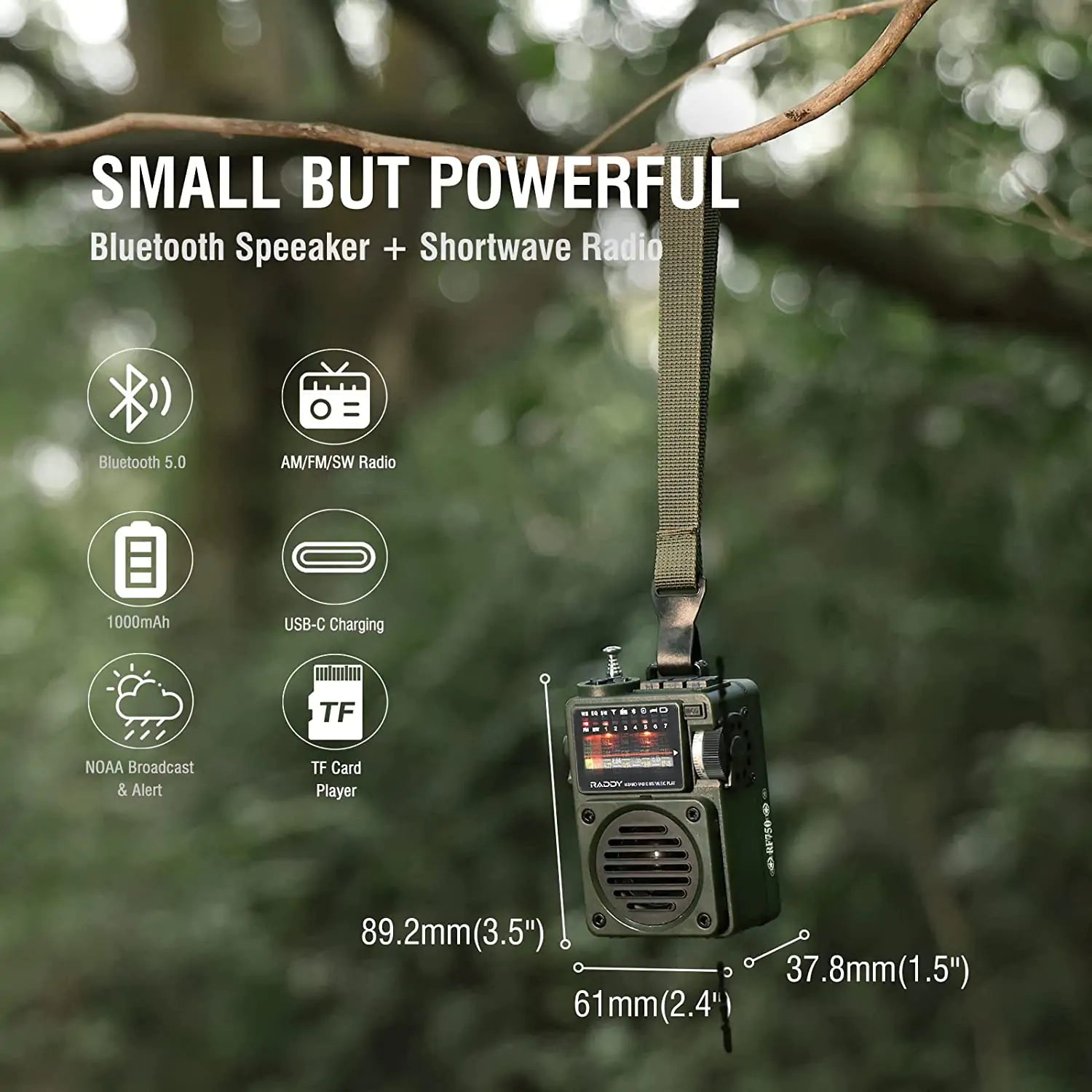 Raddy RF750 Portable Shortwave Radio AM/FM/SW/WB Receiver with Bluetooth and NOAA Alerts - Pocket Retro Mini Radio Rechargeable, w/ 9.85 Ft Wire Anten