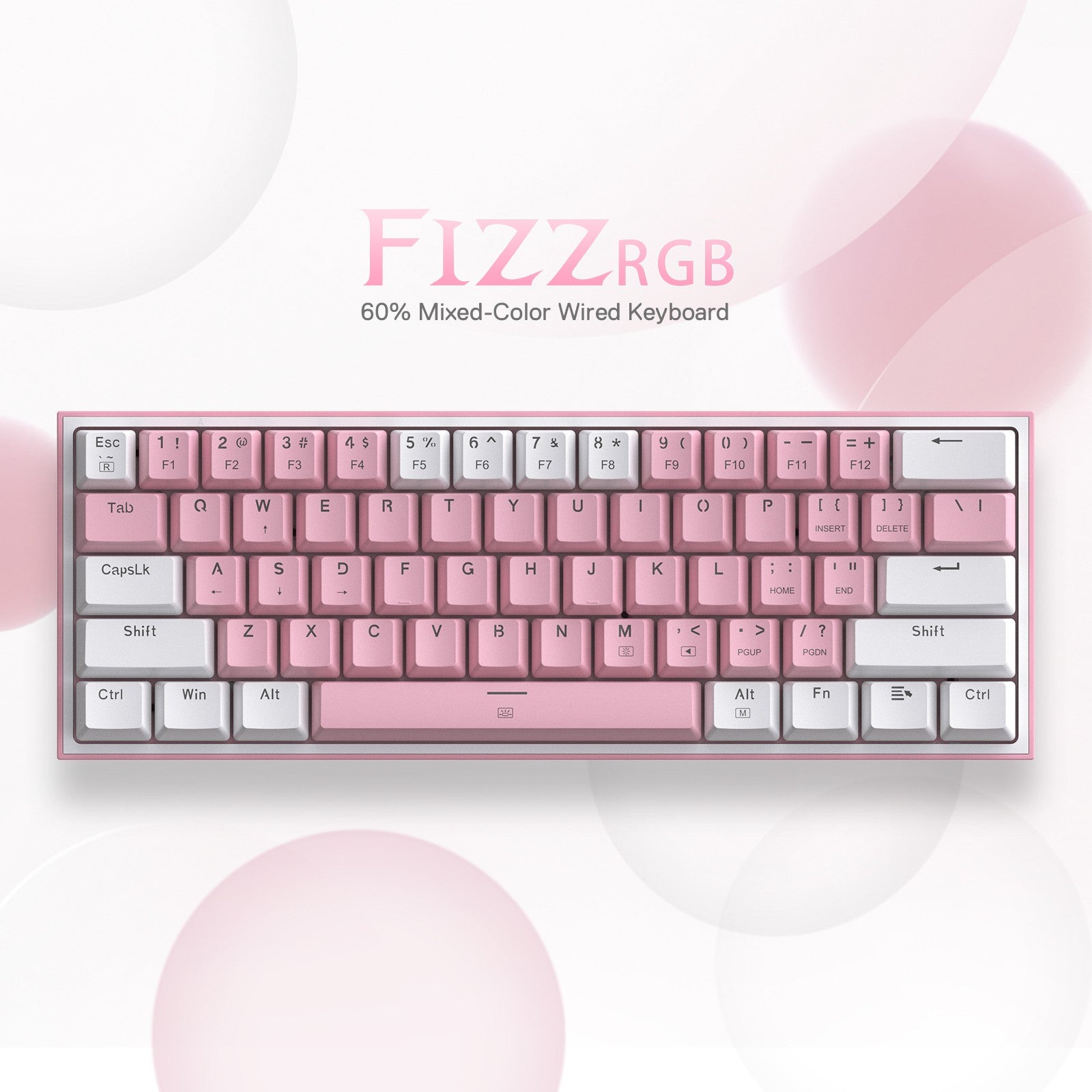 Redragon K617 Fizz 60% Wired RGB Gaming Keyboard, 61 Keys Compact Mechanical Keyboard w/White and Pink Color Keycaps, Linear Red Switch