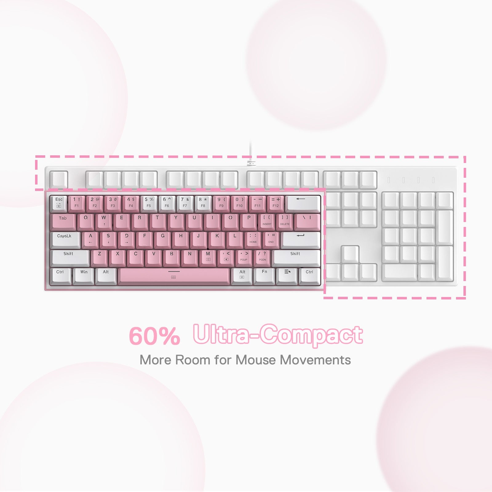 Redragon K617 Fizz 60% Wired RGB Gaming Keyboard, 61 Keys Compact Mechanical Keyboard w/White and Pink Color Keycaps, Linear Red Switch