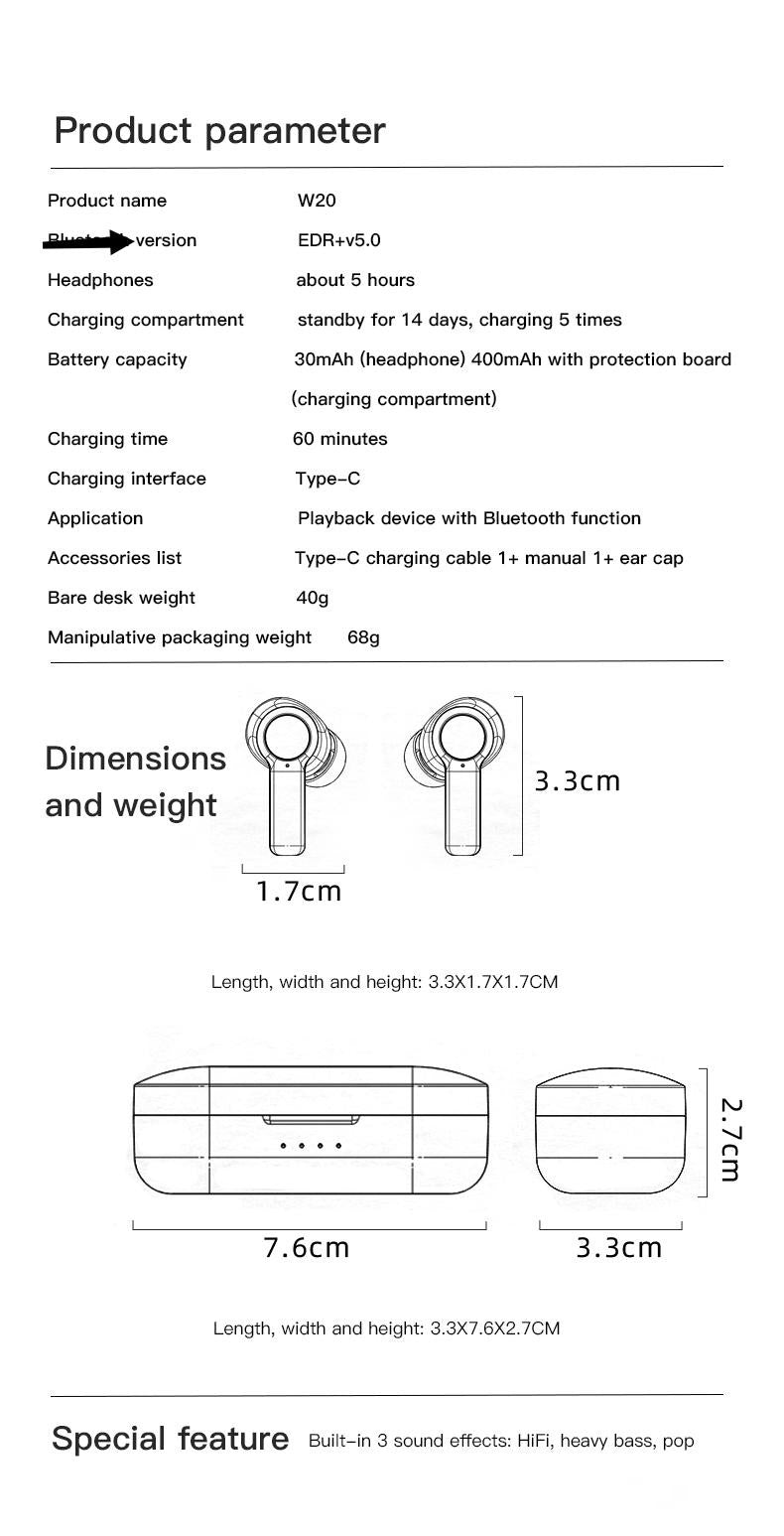 W20 TWS Bluetooth 5.0 Earphone Wireless Headphone Stereo Min Headset Sport in Ear Earbuds with Microphone Charger Box