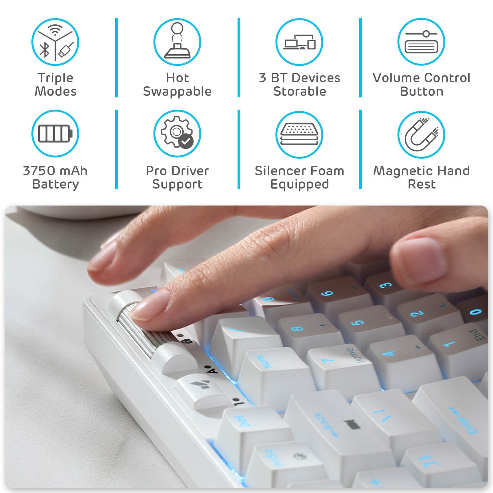 RK ROYAL KLUDGE RK96 90% 96 Keys BT5.0/2.4G/USB-C Hot Swappable Mechanical Keyboard with Magnetic Hand Rest, Blue Backlight, Red Switch