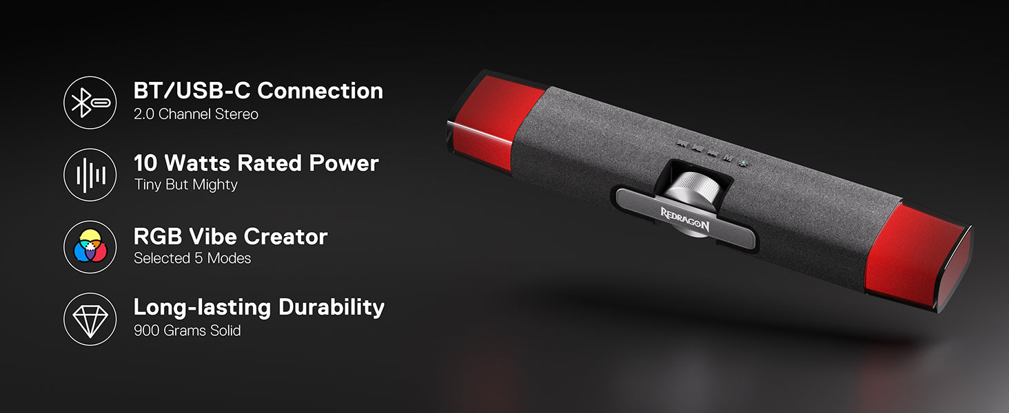 Redragon GS512 Wireless RGB Desktop Speakers, 2.0 PC Computer Stereo Soundbar w/BT 5.0/USB Mode, Max 6W x 2 Rich Sound, Crystal RGB Backlight