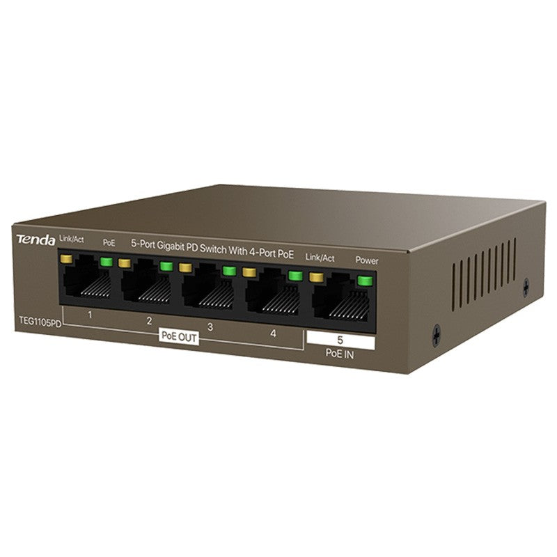 Tenda 5 Port Gigabit PD Desktop Switch with 4-Port POE/POE+ Extenders - No Power Adapter