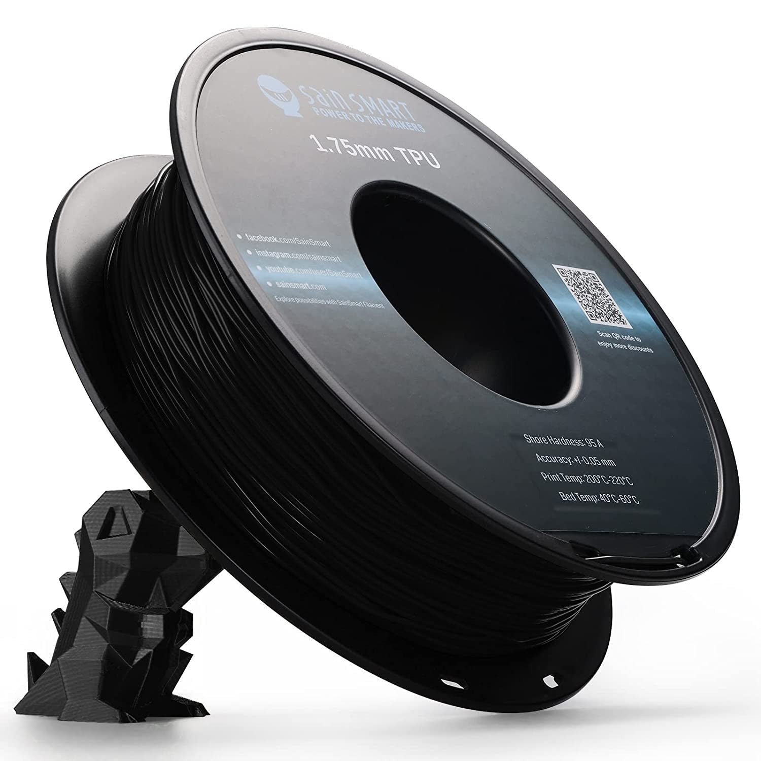 SainSmart - 101-90-164 Black Flexible TPU 3D Printing Filament, 1.75 mm, 0.8 kg, Dimensional Accuracy +/- 0.05 mm