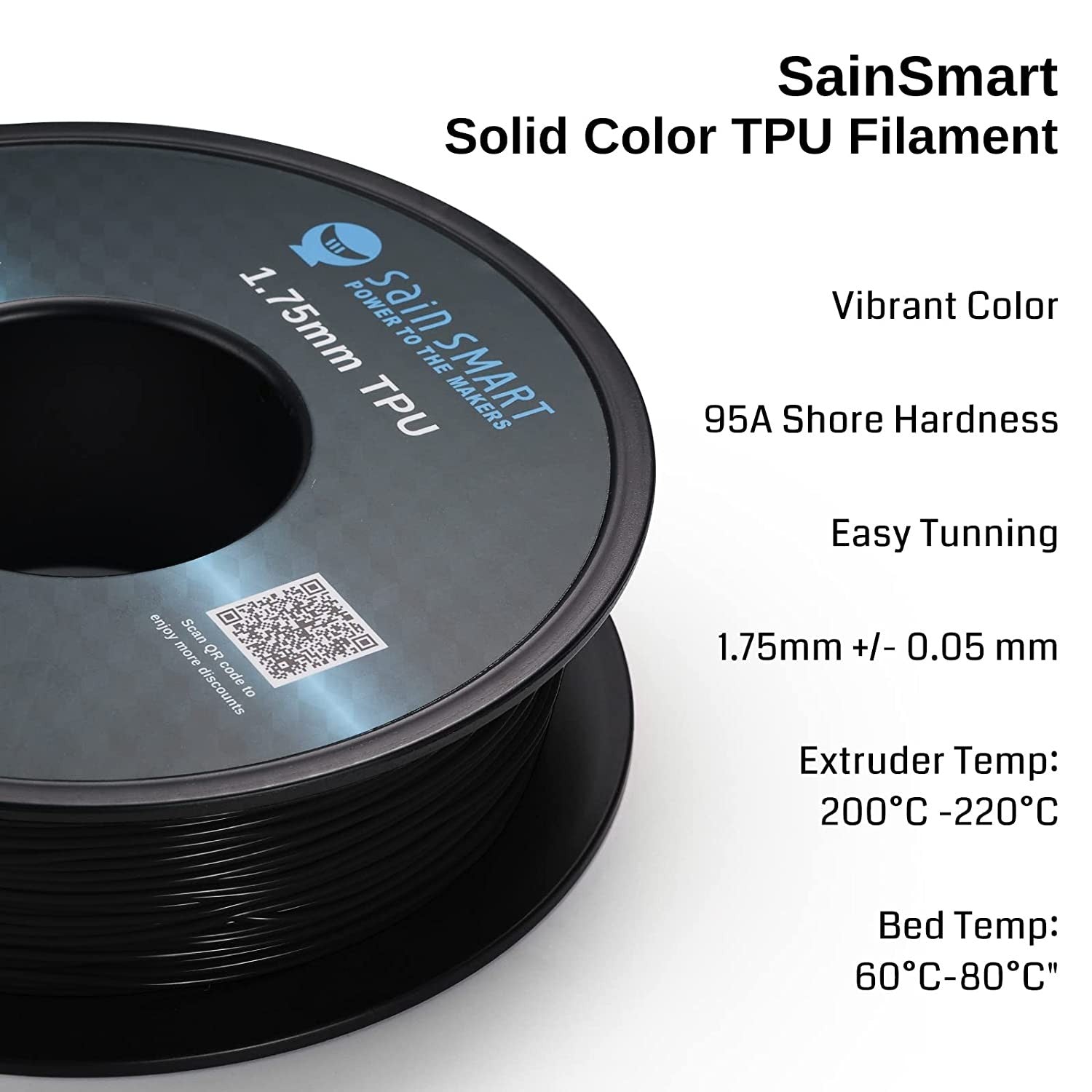 SainSmart - 101-90-164 Black Flexible TPU 3D Printing Filament, 1.75 mm, 0.8 kg, Dimensional Accuracy +/- 0.05 mm