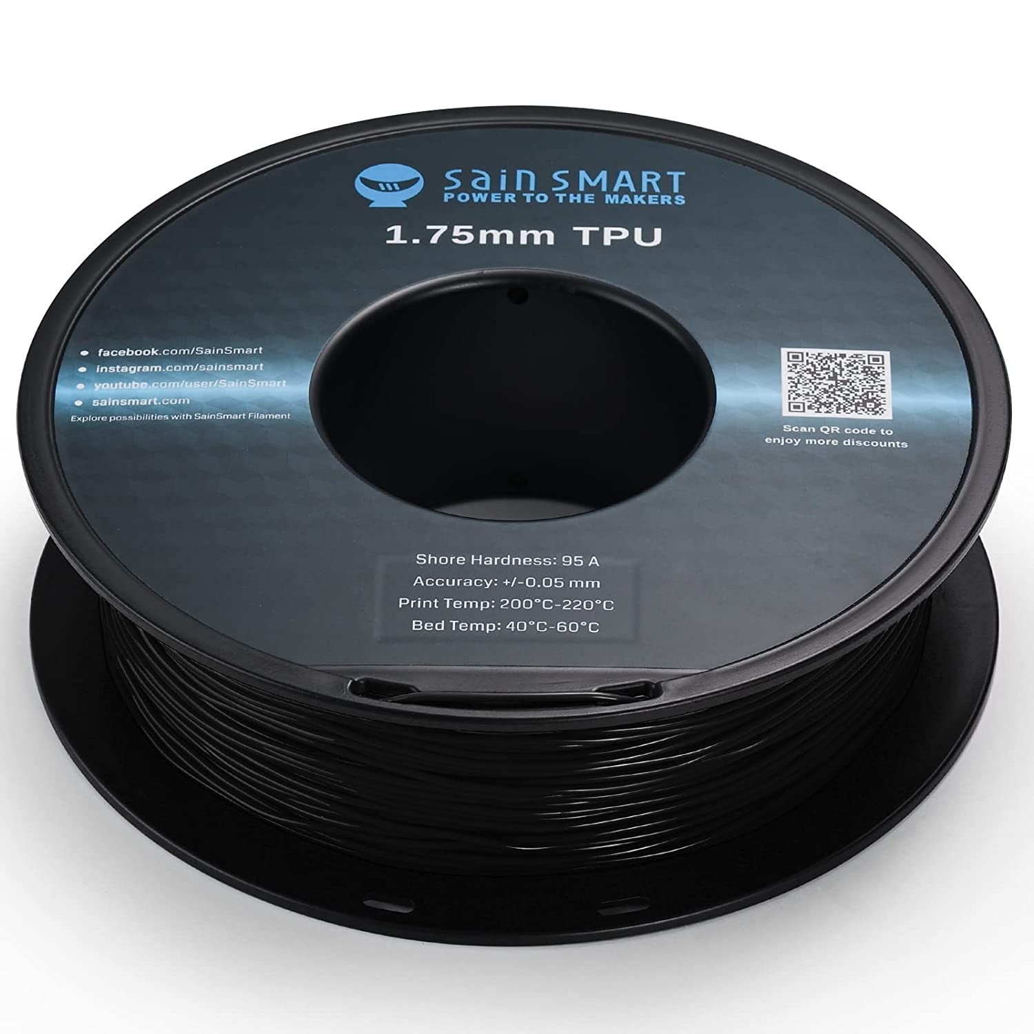 SainSmart - 101-90-164 Black Flexible TPU 3D Printing Filament, 1.75 mm, 0.8 kg, Dimensional Accuracy +/- 0.05 mm