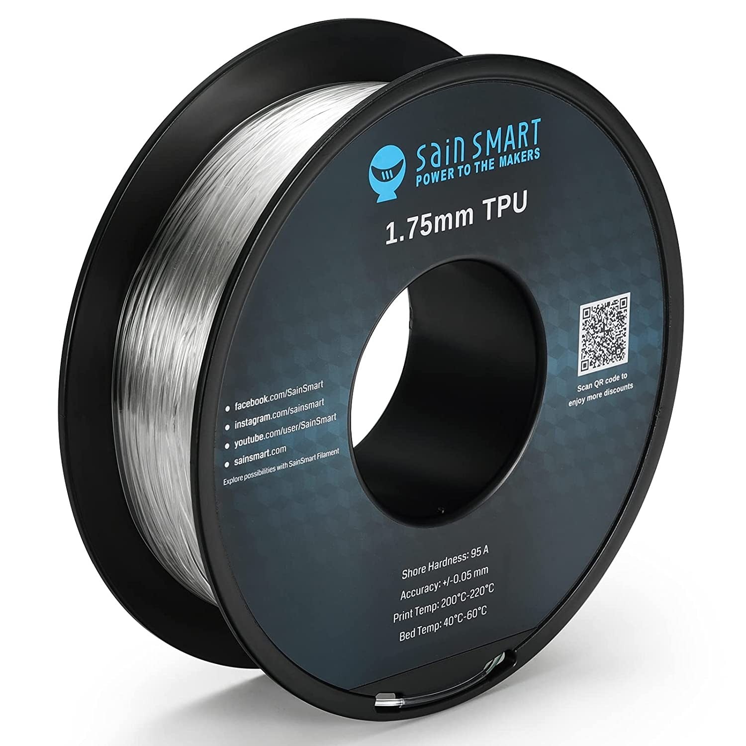 Clear Flexible TPU 3D Printing Filament, 1.75 mm, 0.8 kg, Dimensional Accuracy +/- 0.05 mm