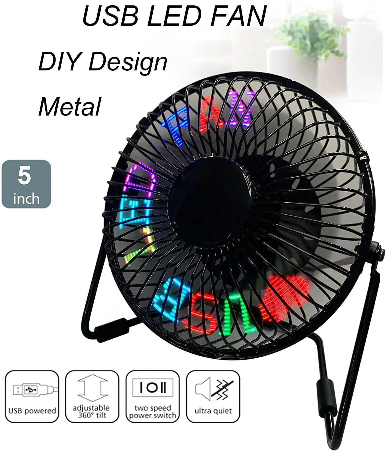 LED Desk Fan Programmable USB LED Fan Mini Quiet Fan with Clock Temperature Display 360° Rotation Portable Fan for Home Office Durable Metal Design