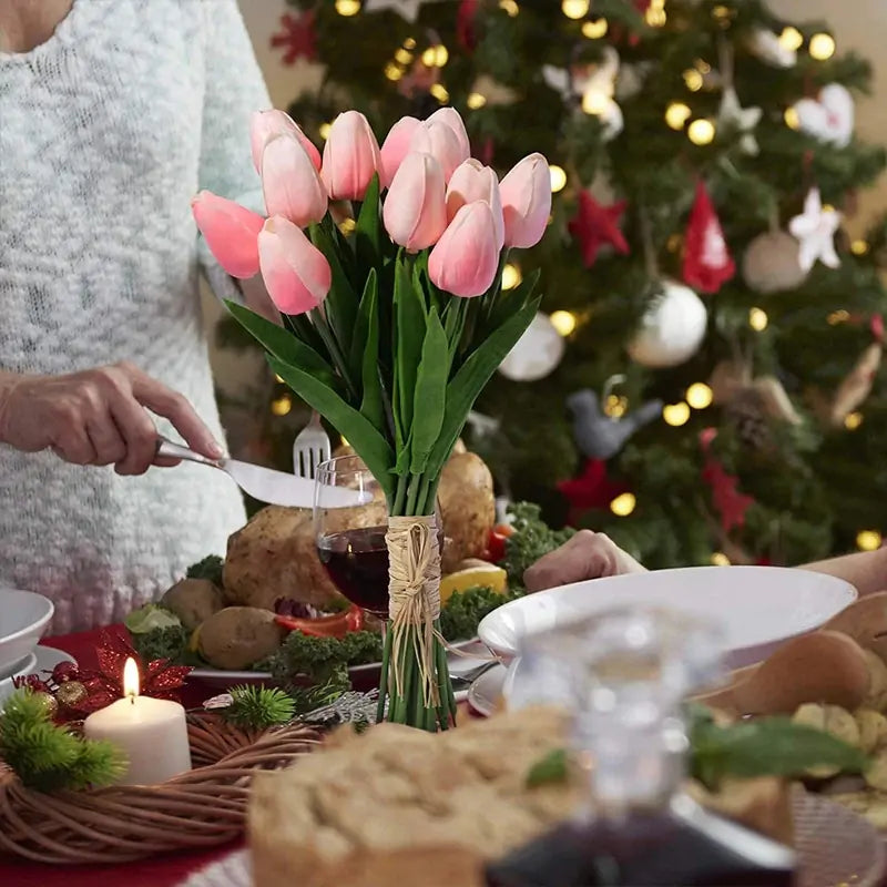 Artificial Flower Faux Tulip with LED Light 12 pcs Real Touch PU Flower Fake Bouquet for Wedding Party Home Office Decor Birthday etc Festival's Gift