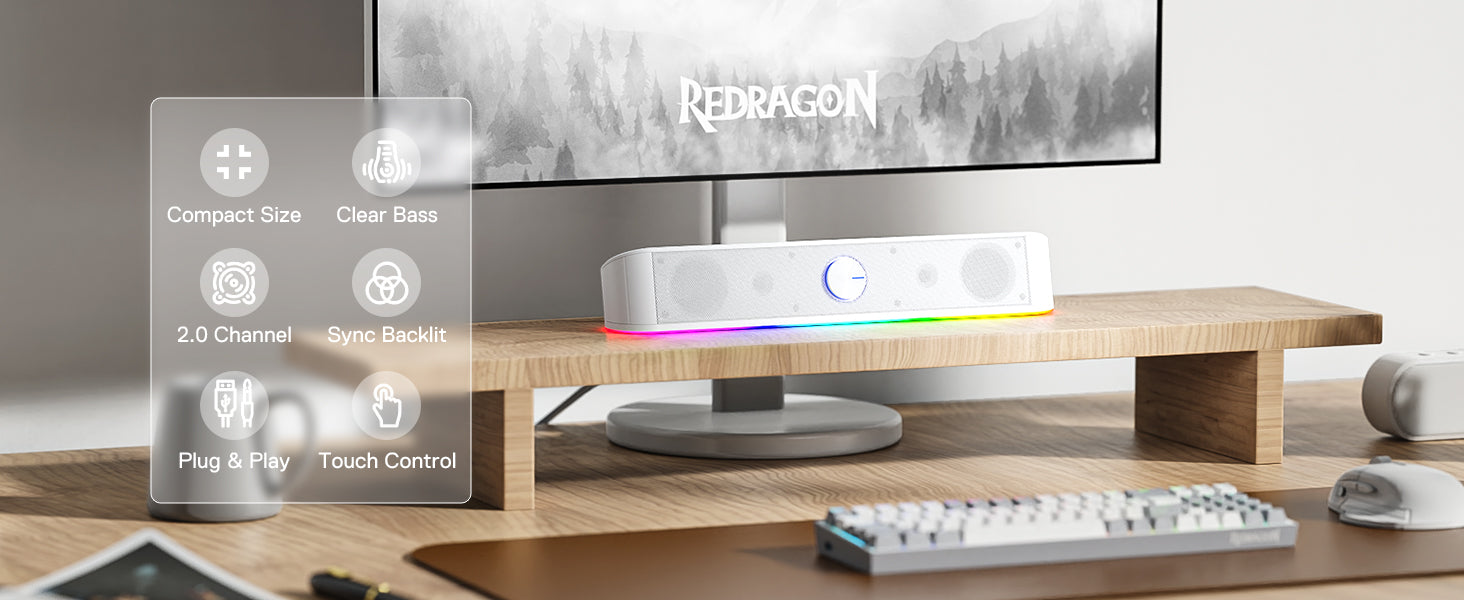 Redragon GS560 Adiemus RGB Desktop Soundbar, 2.0 Channel Computer Speaker with Dynamic Lighting Bar Audio-Light Sync/Display, White