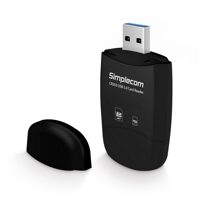 Simplecom 2 Slot SuperSpeed USB 3.0 Card Reader with Dual Caps - Black