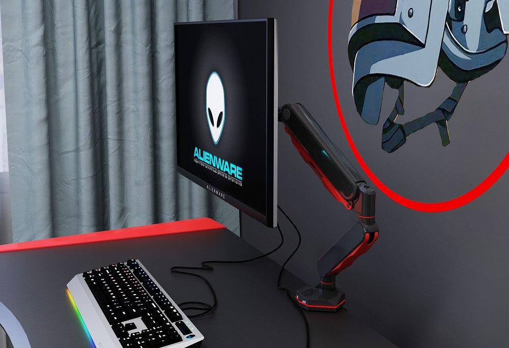 Loctek 17"-30" Single Ergonomic Gaming Gas Spring Monitor Stand - Black - VESA 75 & 100mm - Max Load 9kg - Dual USB 3.0 port