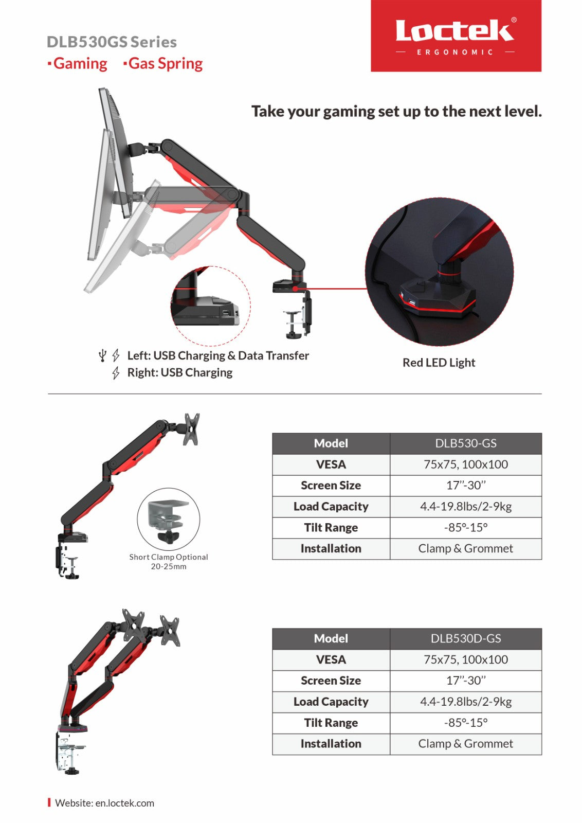 Loctek 17"-30" Single Ergonomic Gaming Gas Spring Monitor Stand - Black - VESA 75 & 100mm - Max Load 9kg - Dual USB 3.0 port