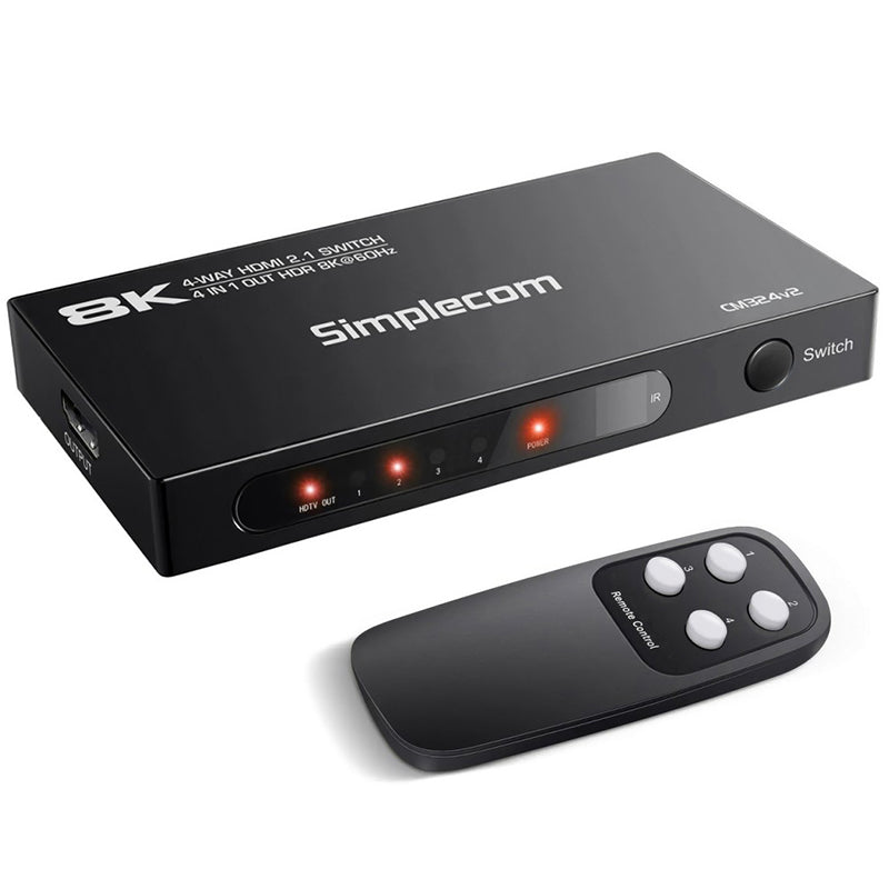 Simplecom 4-Port HDMI 2.1 Switch with Remote and 4 in 1 OUT Splitter