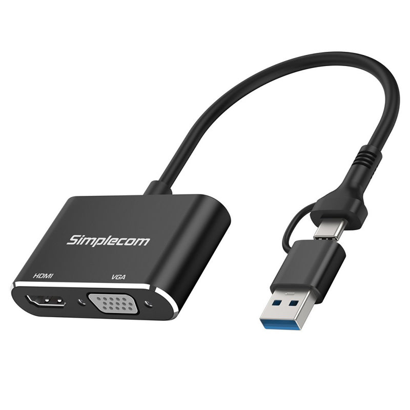 Simplecom USB 3.0 and USB-C to HDMI + FHD 1080p VGA Video Card Adapter