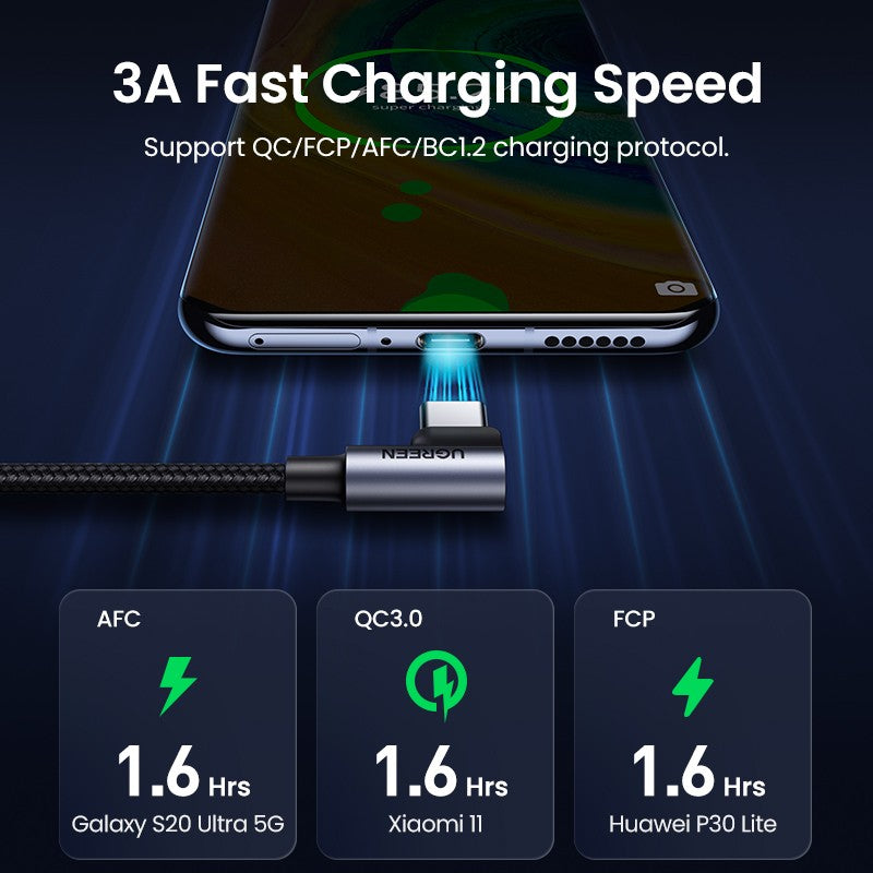 UGREEN Angled USB 2.0 A to Type C Cable Nickel Plating Aluminum Shell 2m