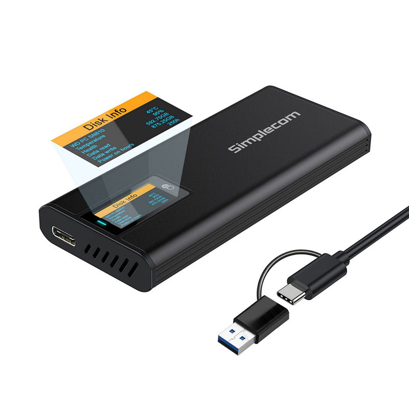 Simplecom NVMe / SATA M.2 SSD to USB-C Enclosure with SMART LED Screen
