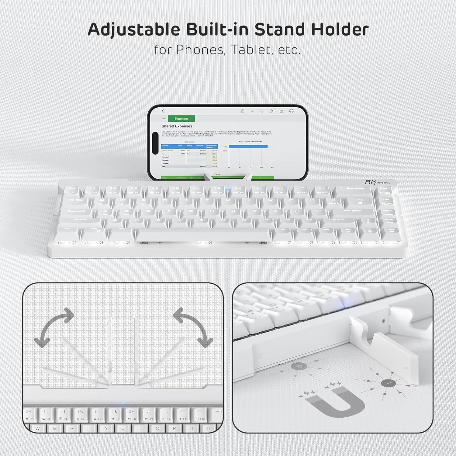 RK ROYAL KLUDGE F68 60% Wireless Foldable Low Profile Mechanical Keyboard, Built-in Stand Holder, White Backlit, 68 Keys, Quiet Red Switch