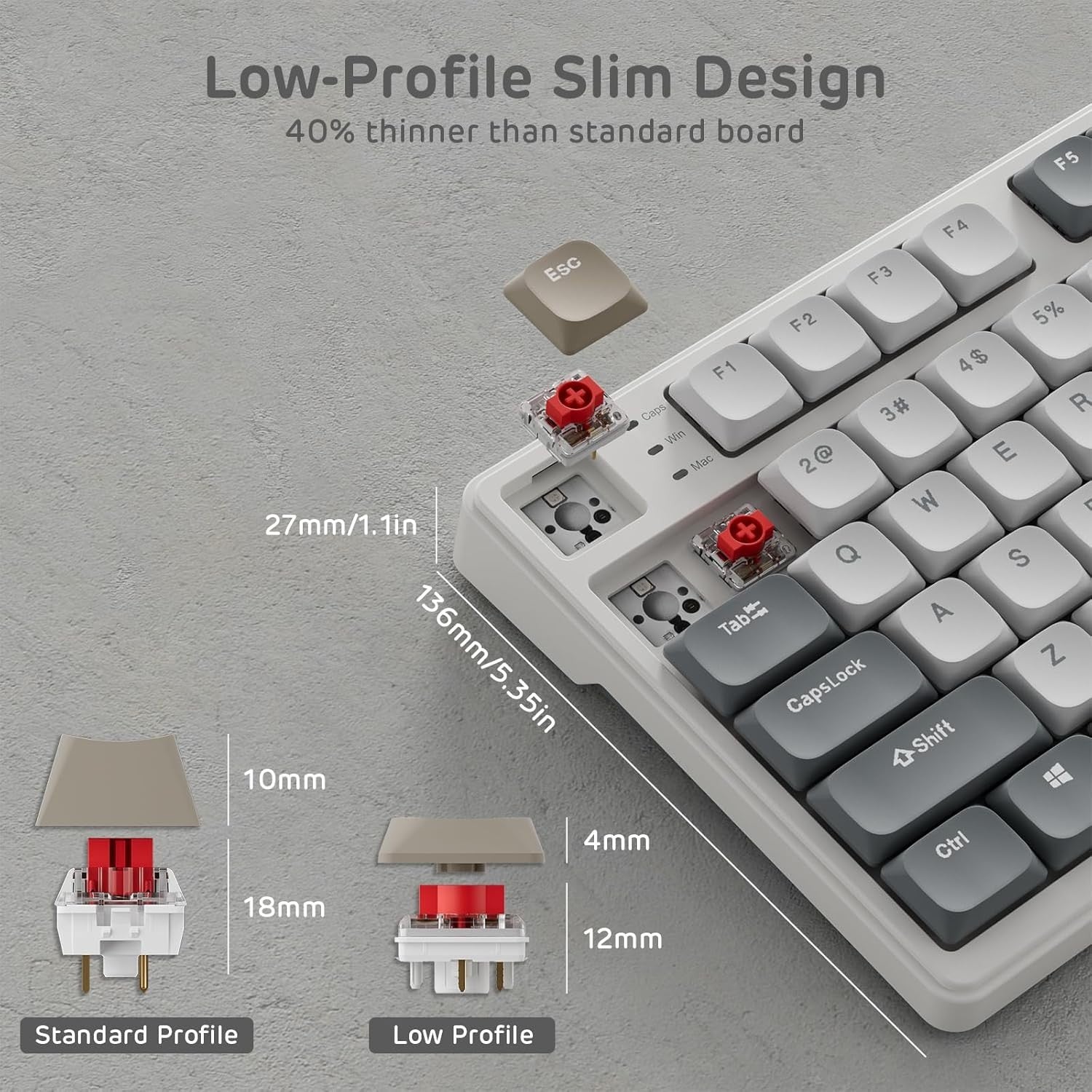 RK ROYAL KLUDGE N80 Low Profile 75% Top Mount 3-Modes Wireless Mechanical Keyboard w/Smart Display Screen & Knob, Quiet Red Switch